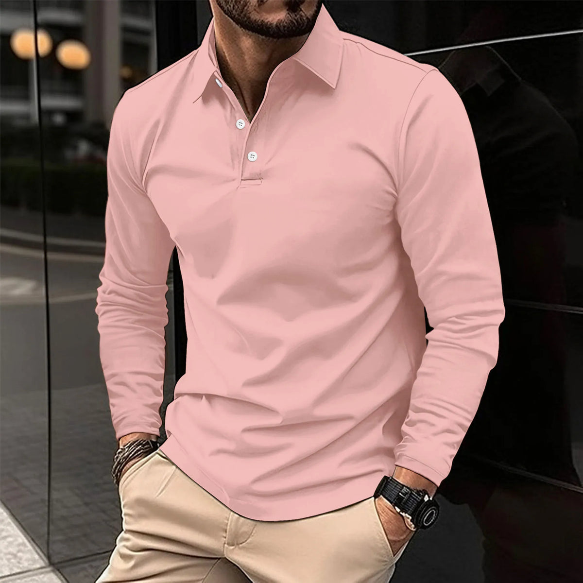 Men's long sleeve collared polo shirt with button placket