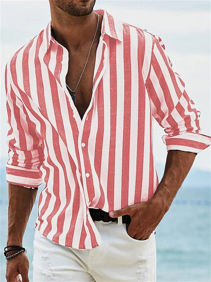 Men's Striped Summer Shirt, Relaxed Fit Open Collar Casual Shirt for Holidays & Everyday Wear