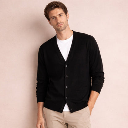 Men's V-neck button cardigan with long sleeves and patch pockets