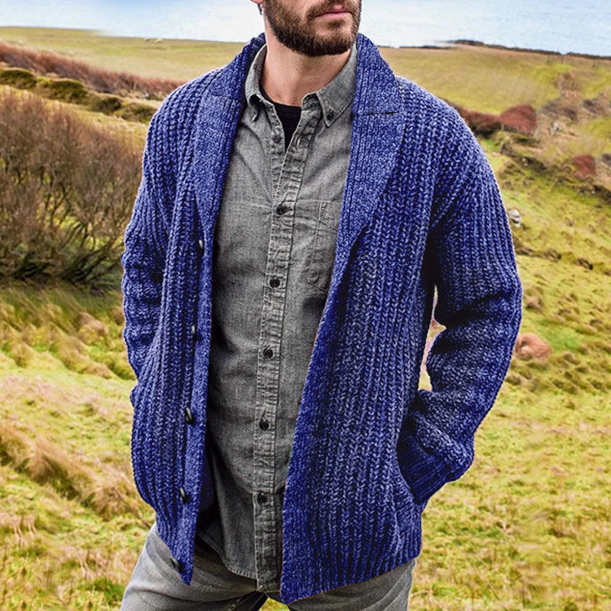 Men's textured shawl collar cardigan with button front and long sleeves