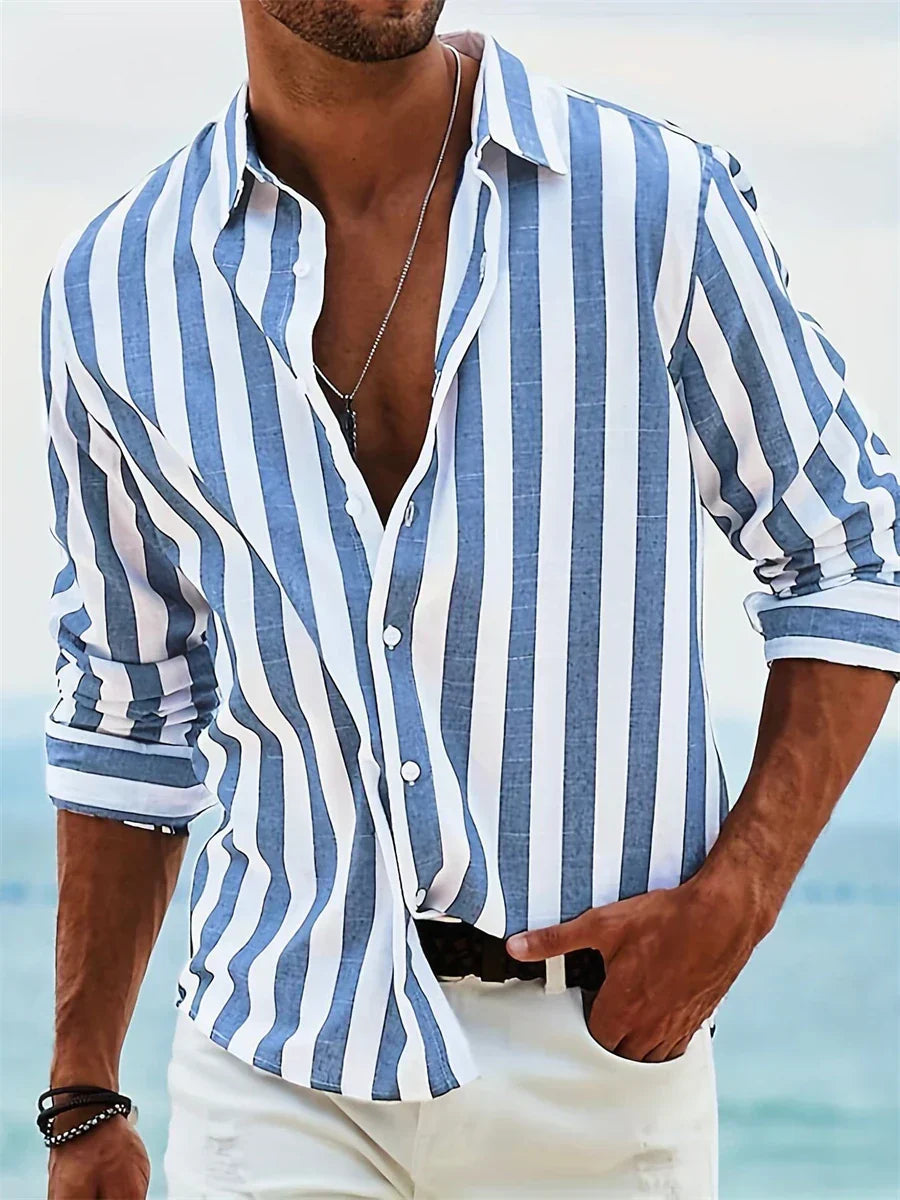 Men's Striped Summer Shirt, Relaxed Fit Open Collar Casual Shirt for Holidays & Everyday Wear