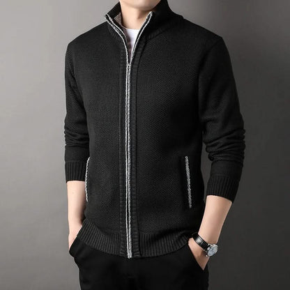 Men's textured knit jacket with high collar, zip front and ribbed trims