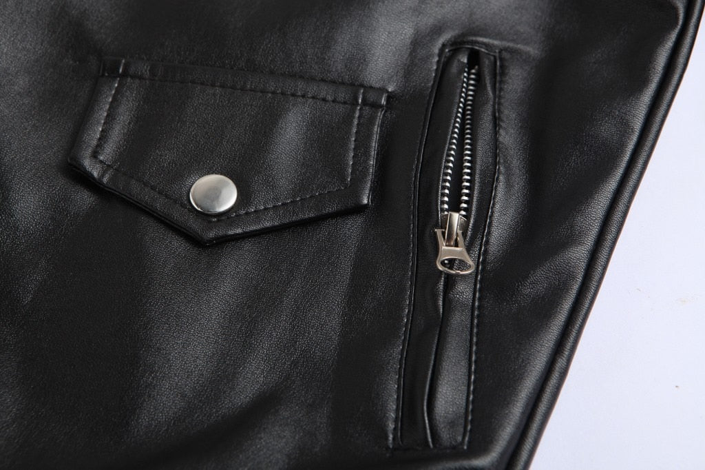 Men's fitted biker jacket with notched collar, angled zip, pockets and waist belt