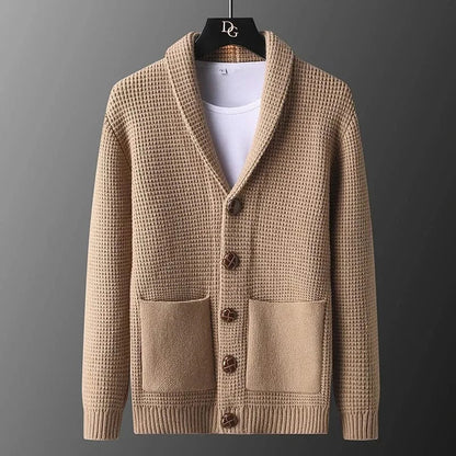 Men's textured knit cardigan with shawl collar, buttons and two patch pockets