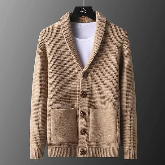 Men's textured knit cardigan with shawl collar, buttons and two patch pockets
