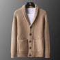 Men's textured knit cardigan with shawl collar, buttons and two patch pockets