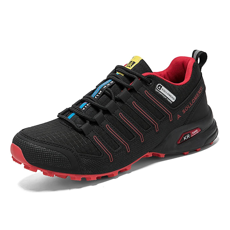 Men's low-cut lace-up hiking shoes with textured panels and rugged treaded soles