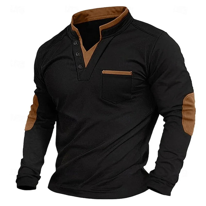 Men's V-neck sweatshirt with button placket and contrast elbow patches