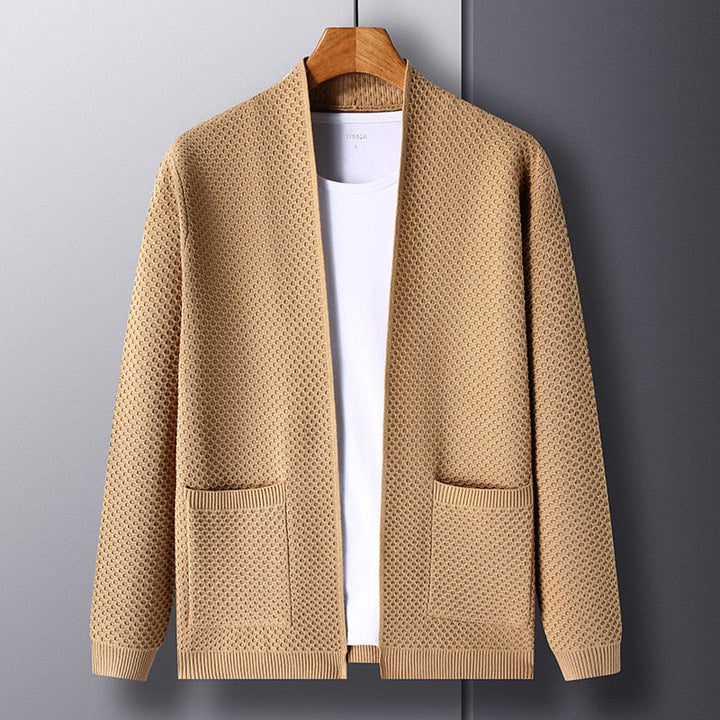 Men's textured open front cardigan with two patch pockets