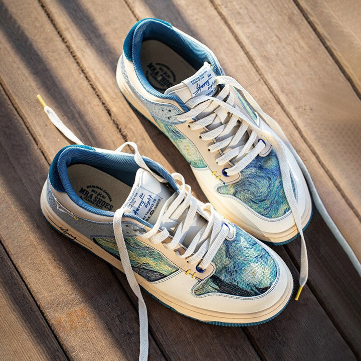 Multicoloured abstract landscape lace-up sneakers with blue sole