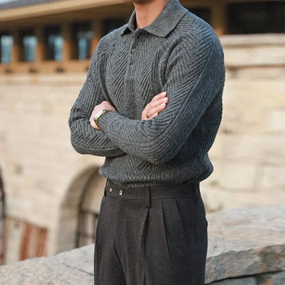 Men's long-sleeve textured polo sweater with collared neckline and button placket