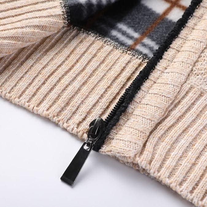 Men's textured knit jacket with high collar, zip front and ribbed trims