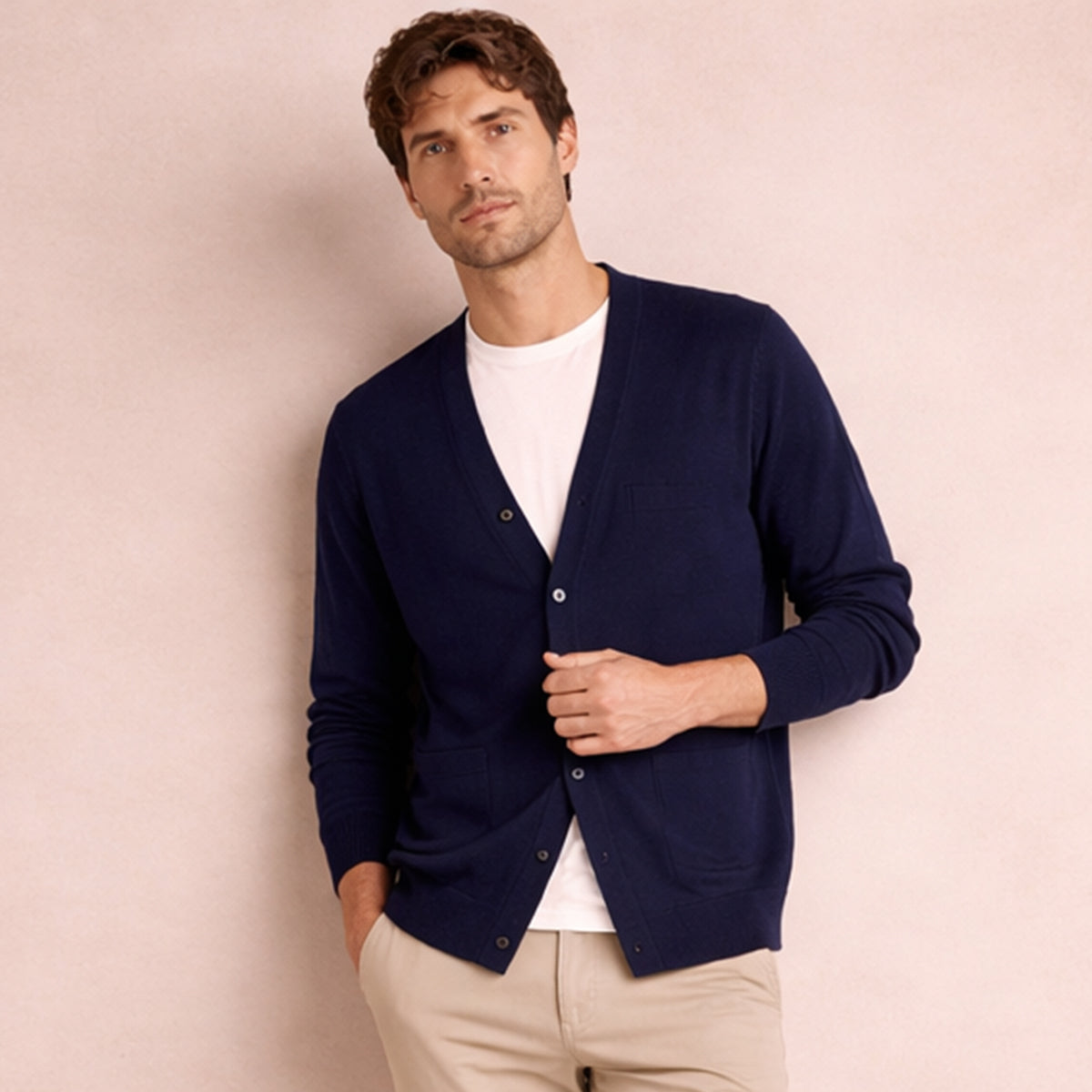 Men's V-neck button cardigan with long sleeves and patch pockets