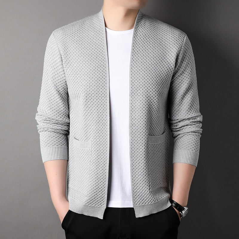 Men's textured open front cardigan with two patch pockets