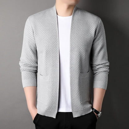 Men's textured open front cardigan with two patch pockets