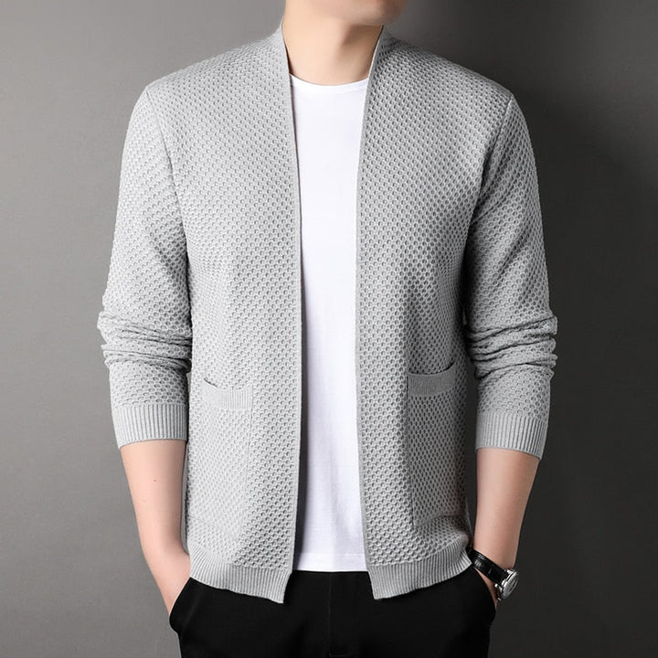 Men's textured open front cardigan with two patch pockets