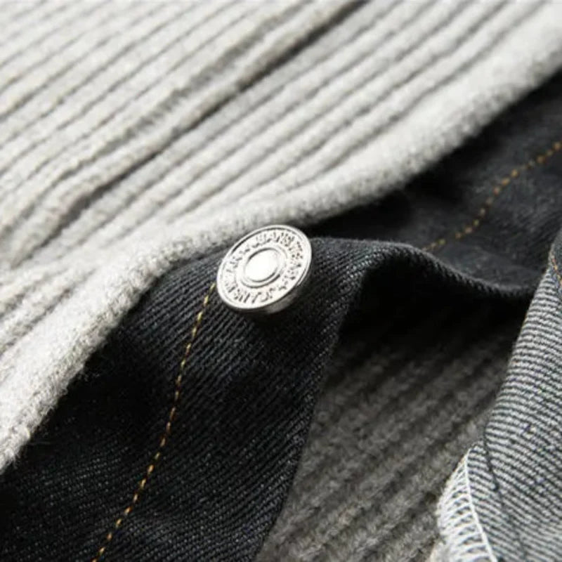 Ribbed jacket with contrasting denim-style trim, button front and patch pockets