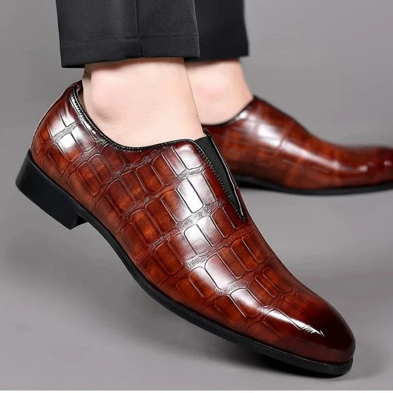 Glossy crocodile-effect embossed slip-on loafers