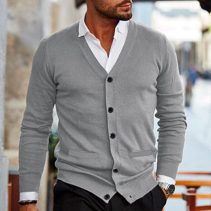 Men's long-sleeve V-neck button cardigan with ribbed trims