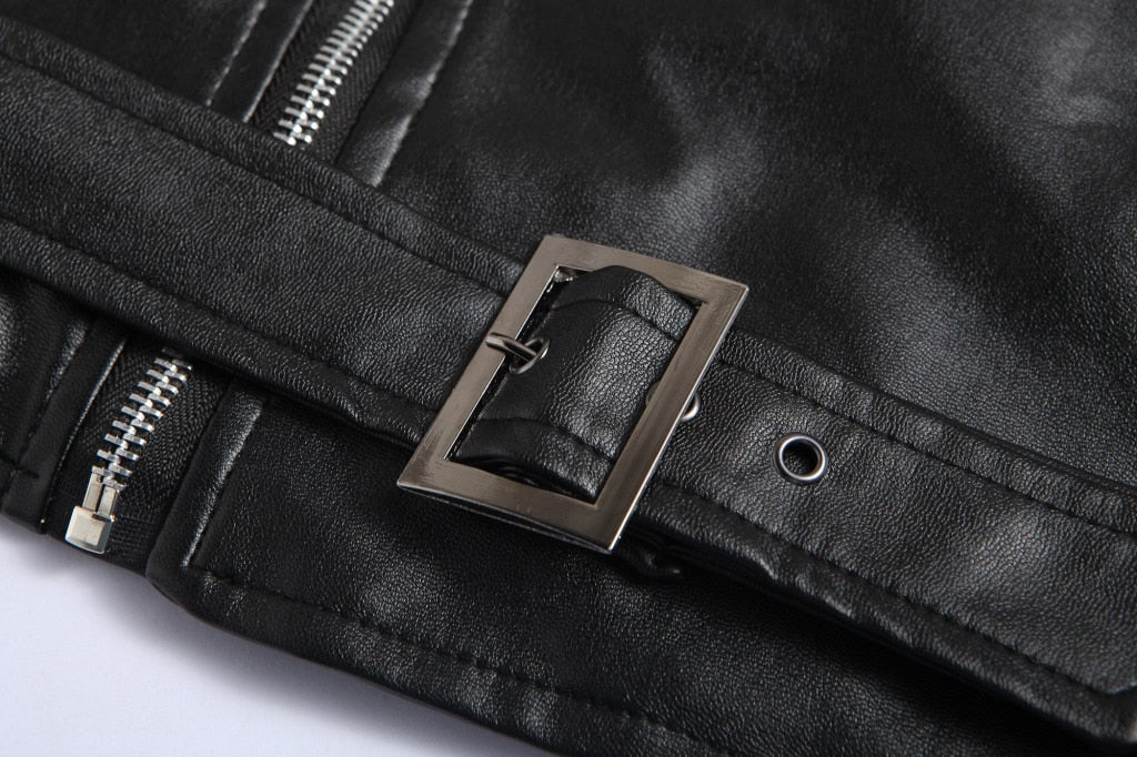Men's fitted biker jacket with notched collar, angled zip, pockets and waist belt