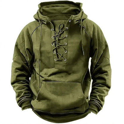 Men's long-sleeved lace-up hoodie with hood and kangaroo pocket