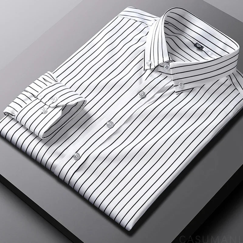 Men's Striped Cotton Shirt, Modern Fit Breathable Long Sleeve Smart Casual Shirt