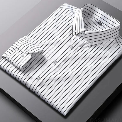 Men's Striped Cotton Shirt, Modern Fit Breathable Long Sleeve Smart Casual Shirt
