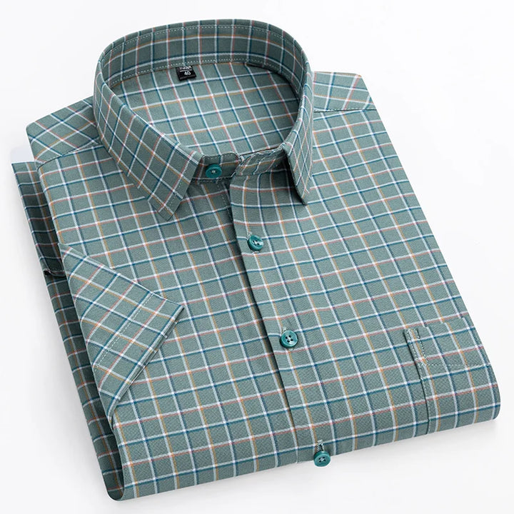 Men's Short Sleeve Cotton Shirt, Slim Fit Breathable Button-Down Casual Summer Shirt