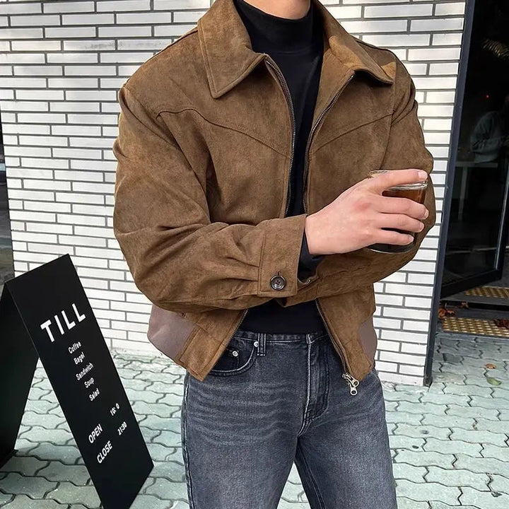 Men's collared zip jacket with long sleeves and button cuffs