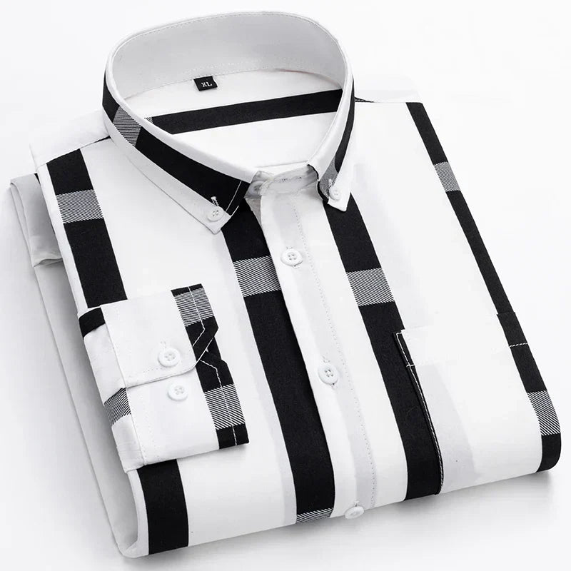 Men's Cotton Blend Shirt, Tailored Fit Breathable Button-Up Smart Casual Long Sleeve Shirt