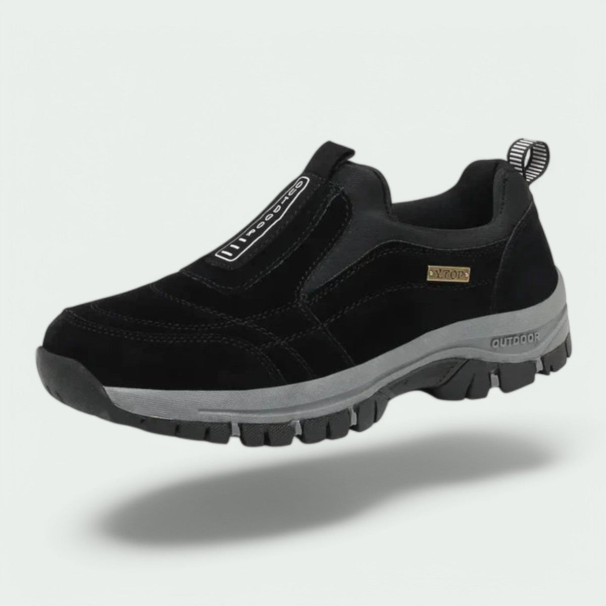 Unisex slip-on outdoor shoes with stitched panels, pull tab and chunky treaded sole