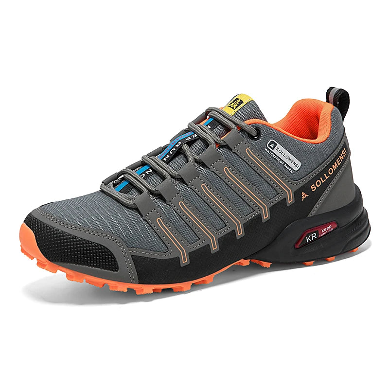 Men's low-cut lace-up hiking shoes with textured panels and rugged treaded soles