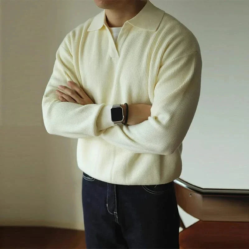 Men's long sleeve textured knit polo shirt with a collared neckline