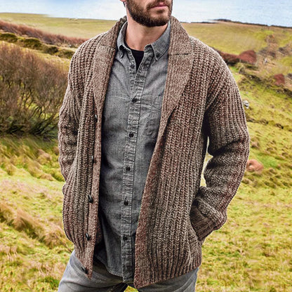Men's textured shawl collar cardigan with button front and long sleeves