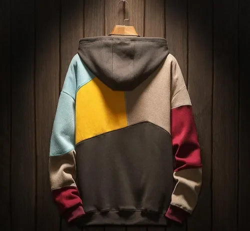 Men's multicolor geometric colorblock hoodie with hood and kangaroo pocket