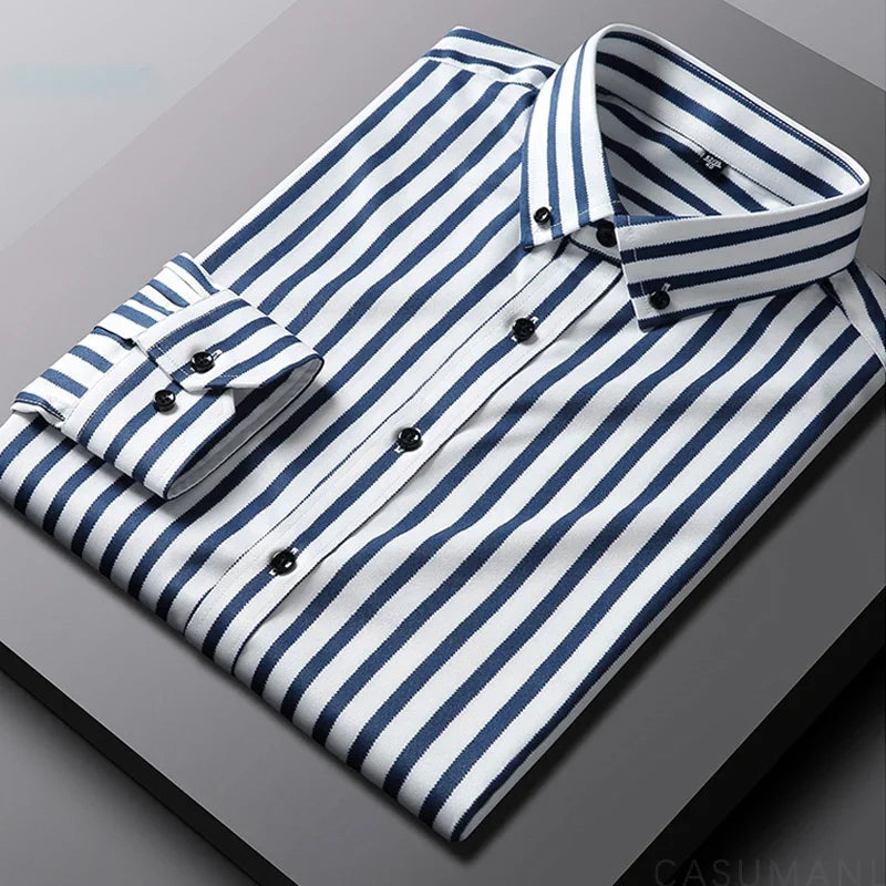 Men's Striped Cotton Shirt, Modern Fit Breathable Long Sleeve Smart Casual Shirt