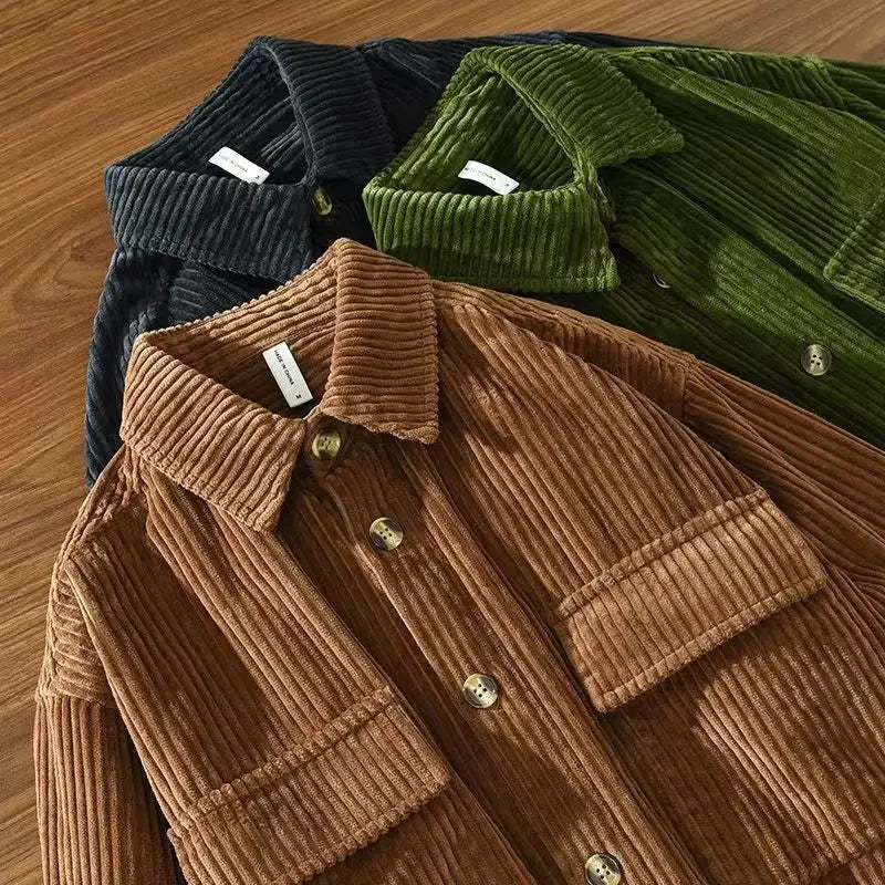 Men's green and black corduroy overshirts with button fronts and chest pockets