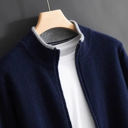 Knit zip-front bomber cardigan with ribbed collar and long sleeves