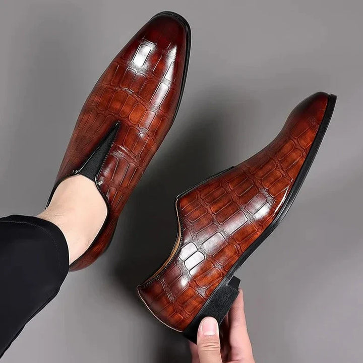 Glossy crocodile-effect embossed slip-on loafers