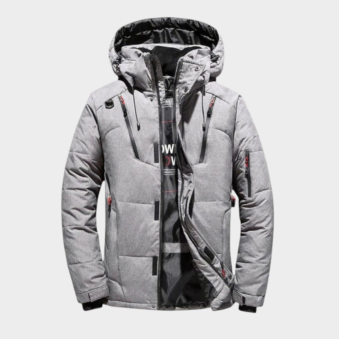 Men's solid winter jacket with long sleeves and zip front