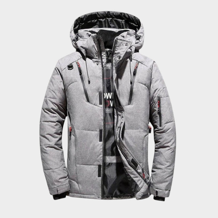 Men's solid winter jacket with long sleeves and zip front