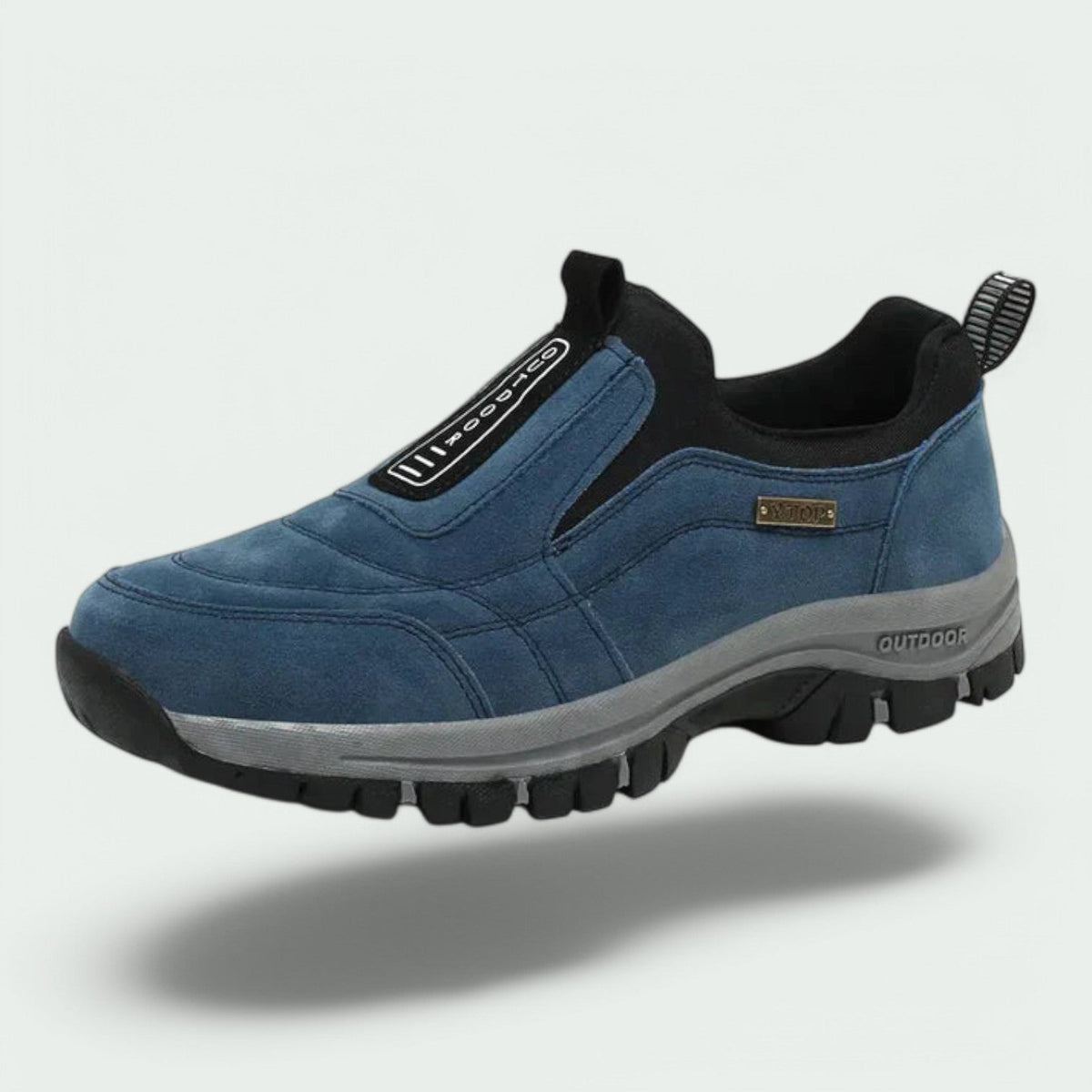 Unisex slip-on outdoor shoes with stitched panels, pull tab and chunky treaded sole