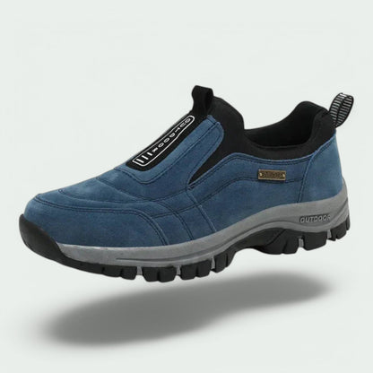 Unisex slip-on outdoor shoes with stitched panels, pull tab and chunky treaded sole