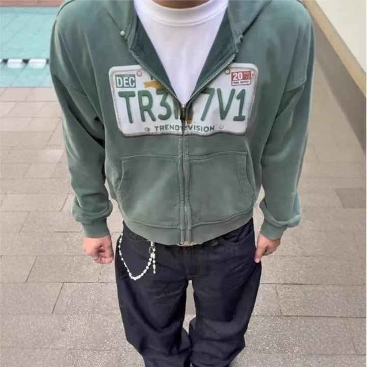 Cropped hooded zip hoodie with license plate chest graphic