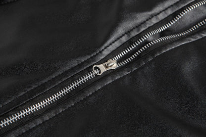 Men's fitted biker jacket with notched collar, angled zip, pockets and waist belt