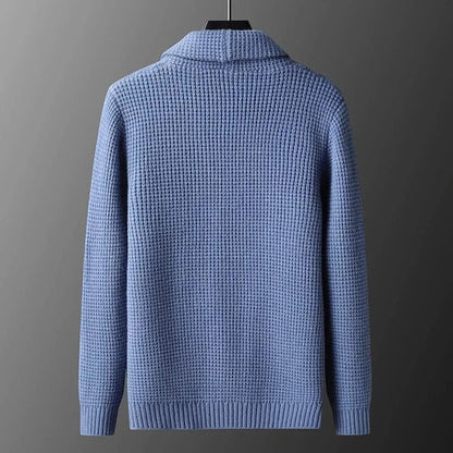 Men's textured knit cardigan with shawl collar, buttons and two patch pockets