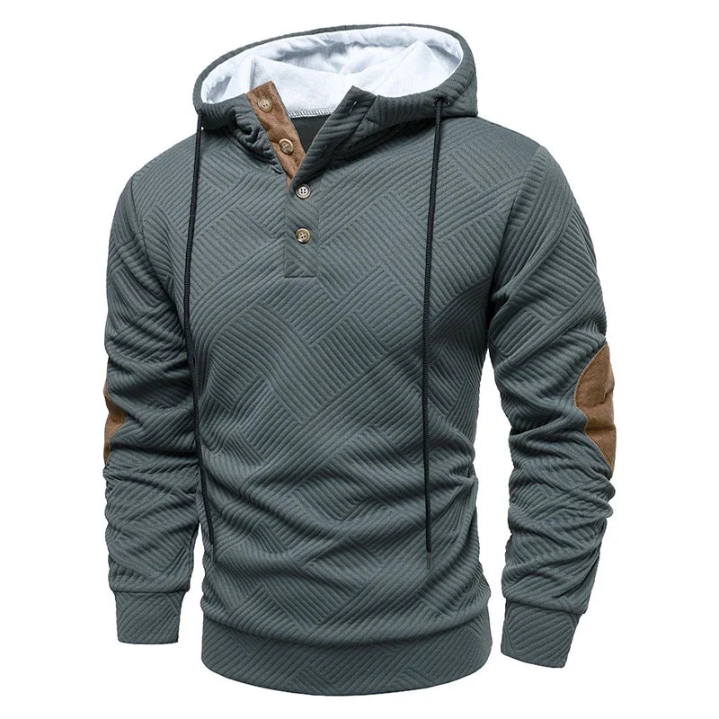 Men's textured hooded jumper with button placket and long sleeves