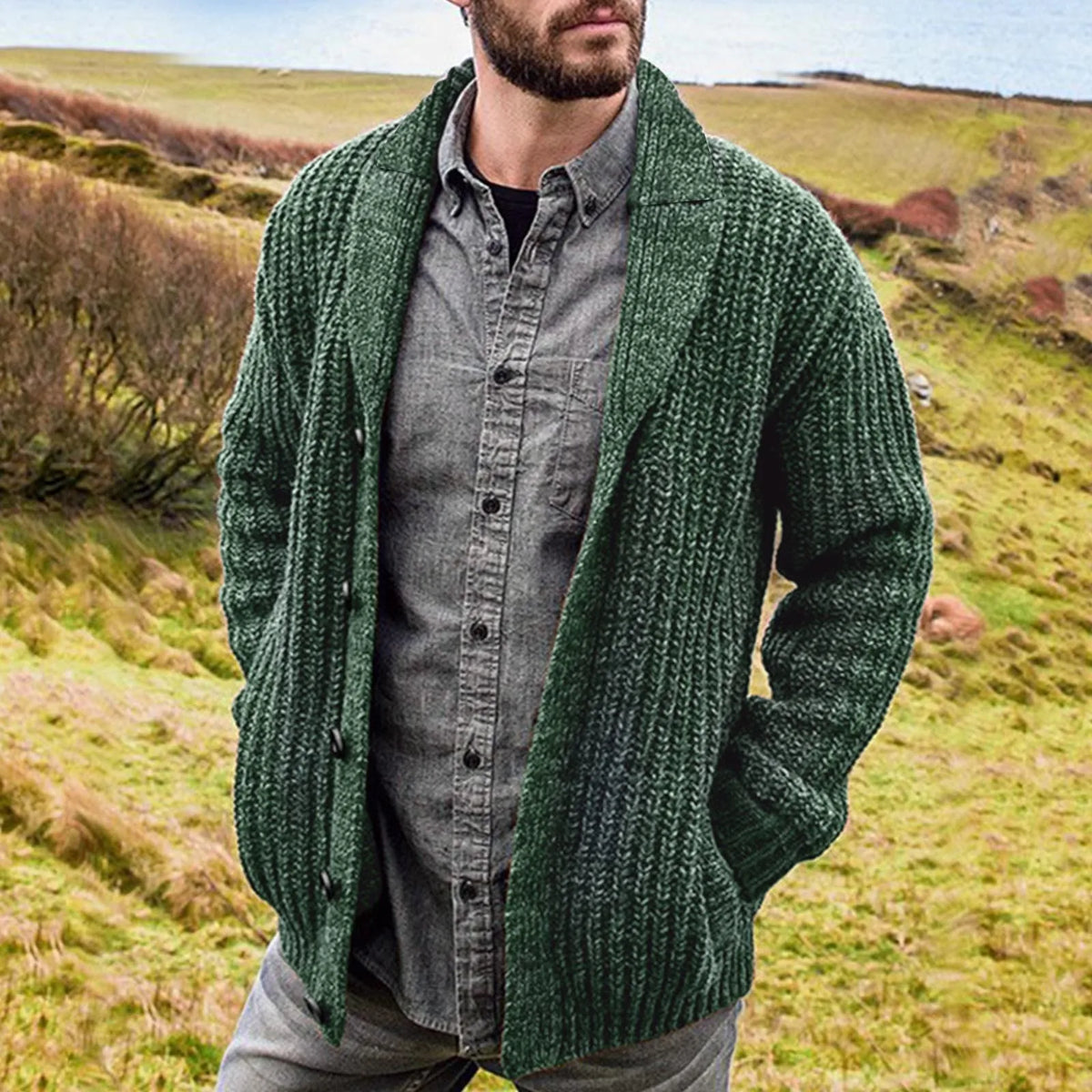 Men's textured shawl collar cardigan with button front and long sleeves