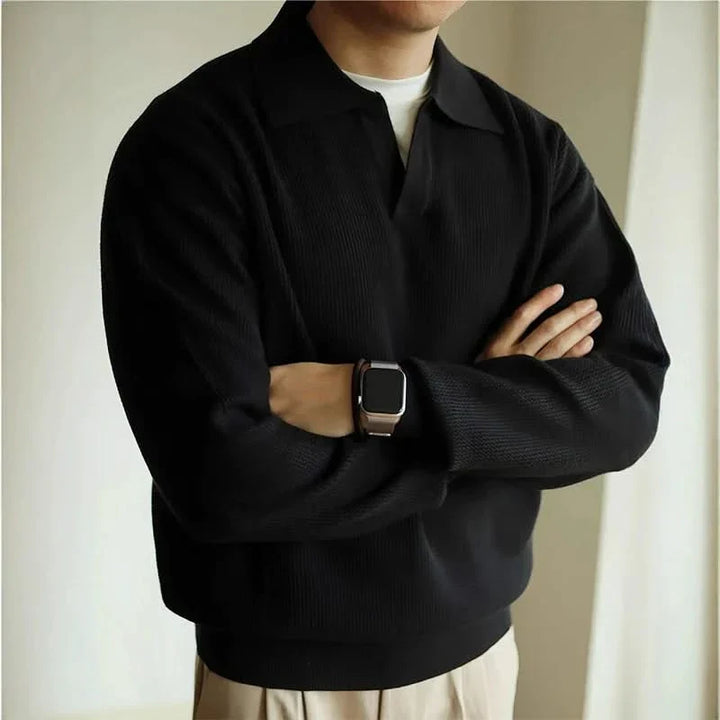 Men's long sleeve textured knit polo shirt with a collared neckline