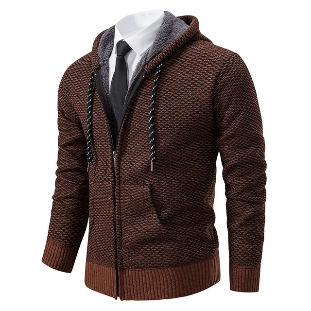 Men's textured full-zip hooded jumper with long sleeves and front pockets